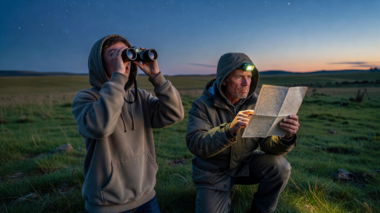 A beginner holding binoculars while a companion checks a small sky chart outdoors