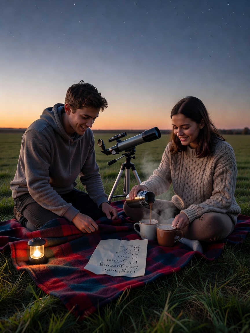 A pair of beginners getting settled outdoors with blankets before observing the night sky