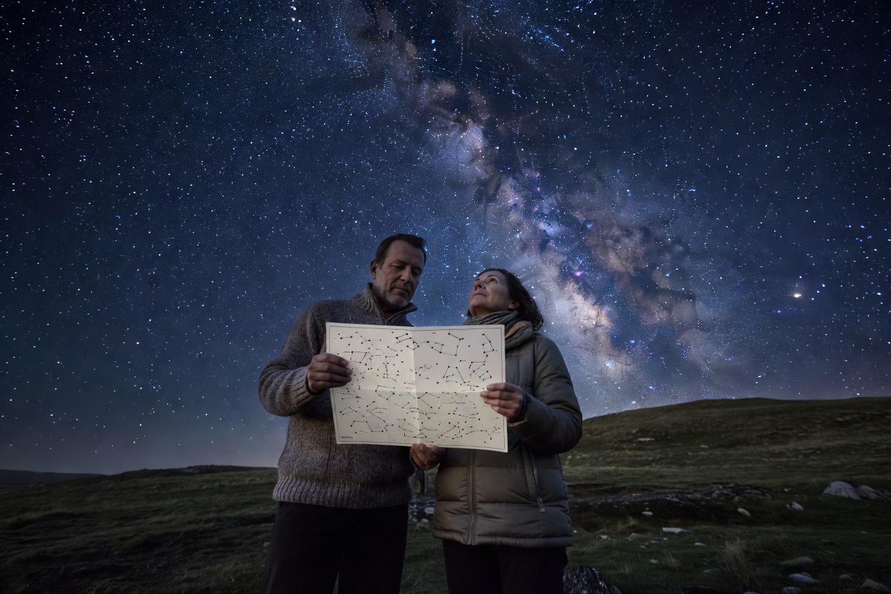 Friends pointing out a simple pattern of stars while referring to a paper sky chart