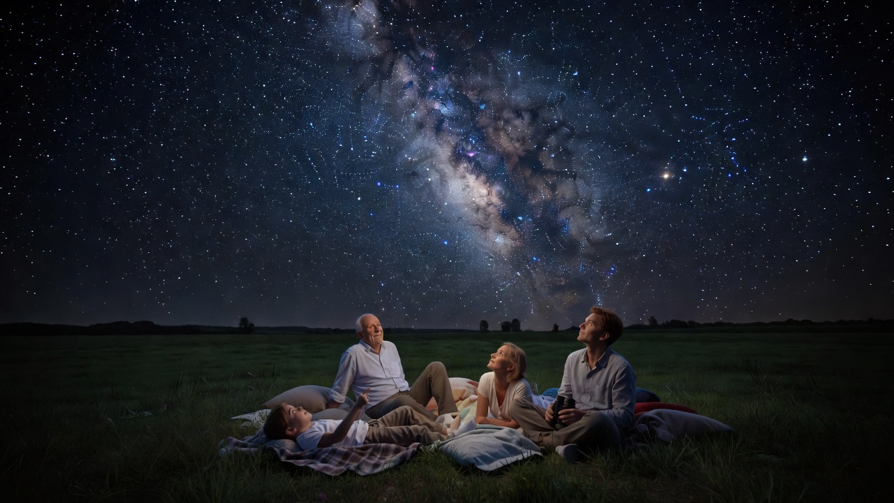 A small, mixed-age group gathering comfortably to watch the stars in an open public field